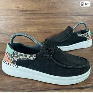 Hey Dude Black Slip-Ons with Leopard and Mint Accents